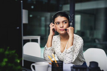 Poster - Call center, woman and thinking with headset at night for customer service, advice and help to clients. Business, agent or idea with mic by computer for IT support, telecom and system troubleshooting