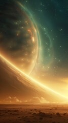 Wall Mural - massive planet emerges above an alien desert, painting the sky with vibrant colors in a breathtaking