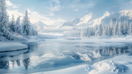 Canvas Print - Winter Wonderland: Snow-Covered Mountains and Frozen Lake