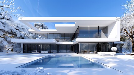 Wall Mural - A modern villa with pool in winter, snow-covered trees around the house, a clear blue sky The front view of an architectural rendering of white minimalist building with large windows and panoramic