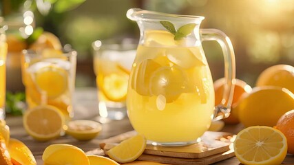 Poster - A glass pitcher filled with freshly squeezed lemonade sits on a wooden table with slices of citrus fruits and a stack of glasses beckoning thirsty diners to help themselves.