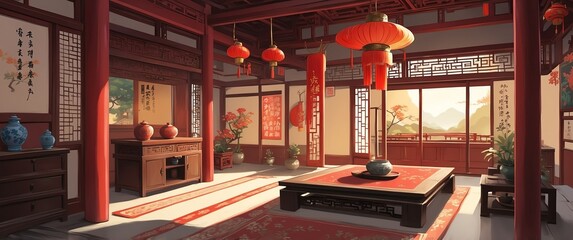 traditional chinese house interior anime cartoon illustration art design