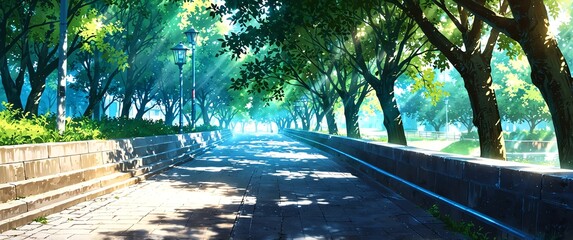 Wall Mural - walkway in park anime cartoon illustration art design