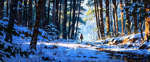 Wall Mural - winter in the forest landscape anime cartoon illustration art design