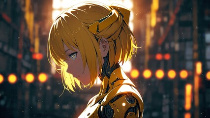 Yellow theme female android robot anime cartoon illustration art design