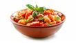 © PaulShlykov - Traditional Italian linguini pasta with tomatoes and basil is isolated on a white background.