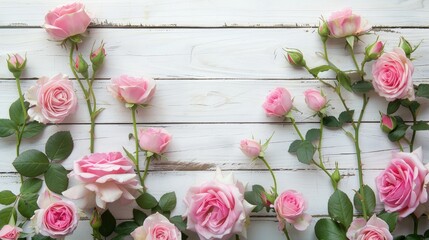 Wall Mural - Pink roses framed in a white wooden background