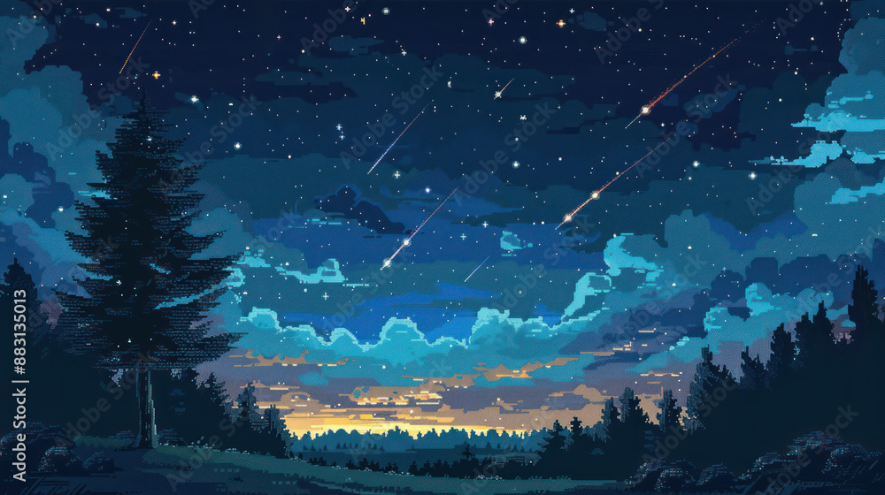 【一点物イラストアート✦SALE✦】Scarry night A beautiful night sky with shining stars and shooting stars