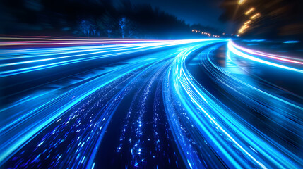 Wall Mural - A dynamic night scene featuring vibrant blue neon light trails curving along a dark road, creating a sense of motion and speed.