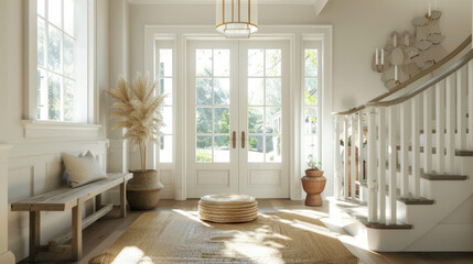 Wall Mural - A bright and airy entrance with a roomy foyer. Sunlight streams through the open door, illuminating a wooden bench and a jute ottoman beneath a white-railed staircase.