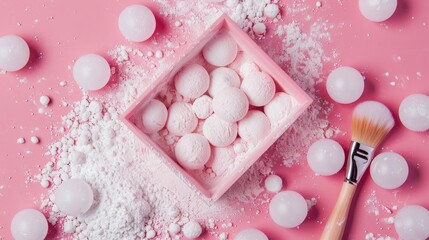 Wall Mural - Powdery balls in a box with a brush on a pink surface