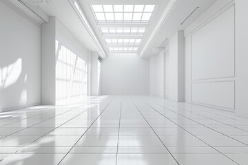 Wall Mural - A white empty room with a square tile floor and white walls with a skylight above, a futuristic interior design.