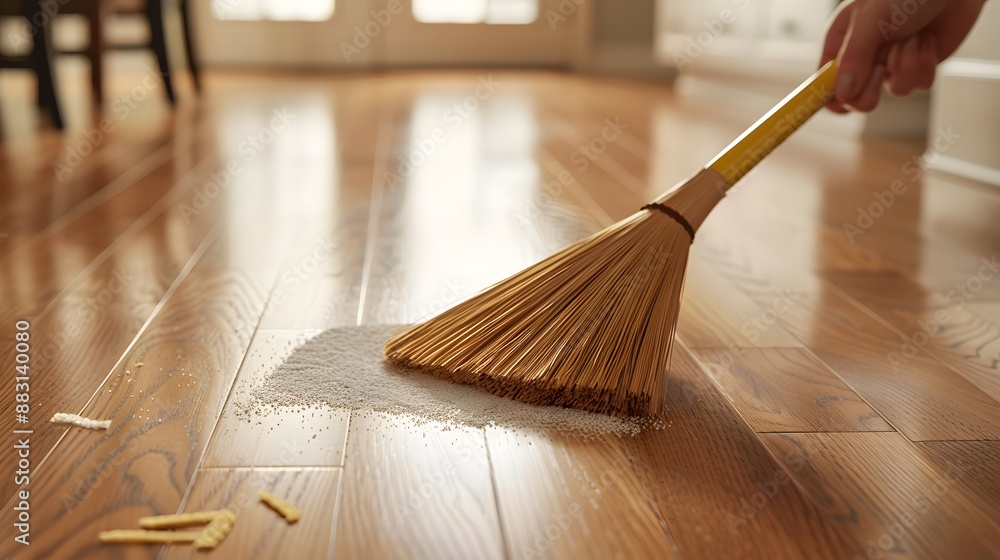 Using A Broom Sweeping the Floor: Hands using a broom to sweep dust and debris into a ...