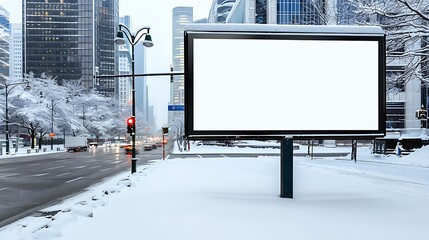 digital billboard mockup on city street, winter snowing, billboard in center of frame, blank white screen, empty space for advertising banner, cityscape background, urban environment, snowy