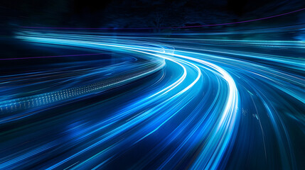 Wall Mural - bright blue light trails curve dynamically against a dark background, creating a sense of speed and 