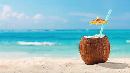 Refreshing coconut drink on a sandy beach with a tropical ocean background, perfect for summer vacation and relaxation concepts.