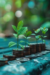 Growing Plants on Stacks of Coins Symbolizing Financial Growth and Environmental Sustainability