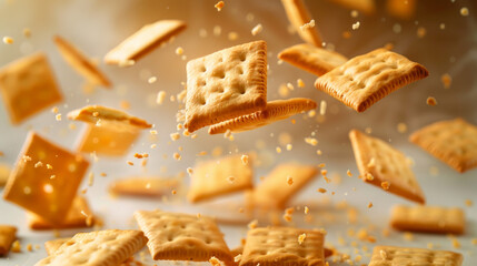 Golden crackers tumbling against a light-colored backdrop