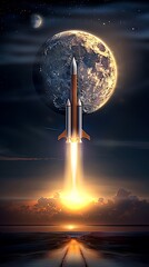Wall Mural - semi close-up of a rocket with a natural wood colored cross, soaring into the sky towards a glowing 