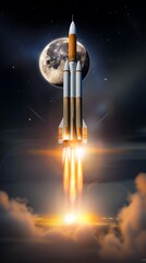 Wall Mural - stunning rocket night launch semi close-up of a rocket with a natural wood colored cross, soaring in