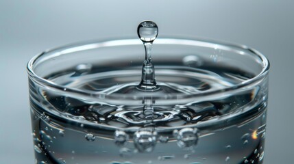 Poster - A single water droplet falling into a clear glass of water, causing a tiny splash and concentric ripples.