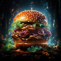 Wall Mural - Burger with lettuce, cheese, and fresh vegetables on black slate with dark background