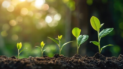 Wall Mural - Tiny plants growing in steps, business growth concept, financial success concept with blur background