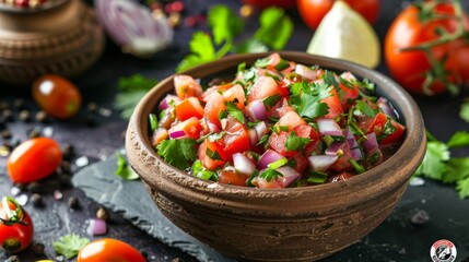 Wall Mural - A spicy Mexican salsa with diced tomatoes, onions, cilantro, and chopped chili peppers, served in a bowl.