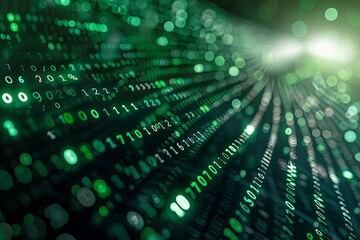 Green dark binary code data streaming background created with Generative AI