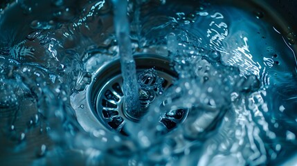 A stream of clean water flows into the stainless steel sink in blue tones. Sink plug hole close up macro. 