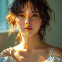 Wall Mural - Beautiful Young Woman with Rainbow Light on Face and Windblown Hair Posing in Sunlight for Portrait Photo Shoot in Studio with Green Background and White Dress