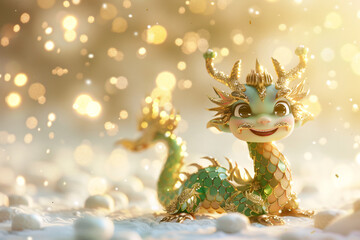 Poster - Cute Green Dragon with Gold Scales.