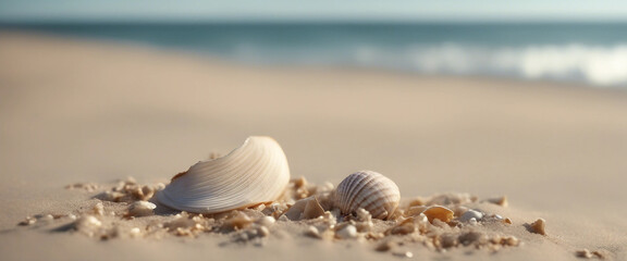 Sticker - In the summer the beach sand dune and shell fragments create a picturesque landscape with ample copy