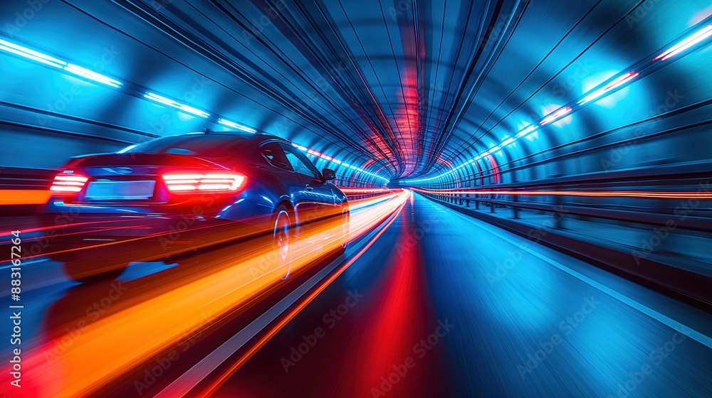High-Speed Car Racing Through Neon-Lit Tunnel with Motion Blur and ...
