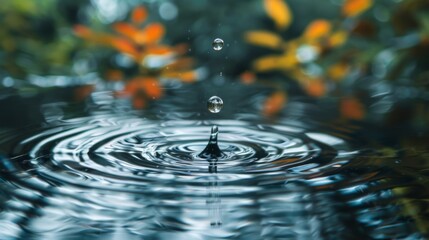 Aufkleber - Close-up of a water droplet splashing into a crystal-clear pond, creating ripples on the surface.