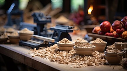 Poster - A woodworking workshop with handcrafted furniture in progress wood shavings 