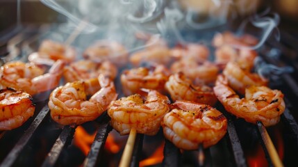 Wall Mural - Close-up of succulent grilled shrimp skewers on a barbecue grill, with grill marks and smoke rising.