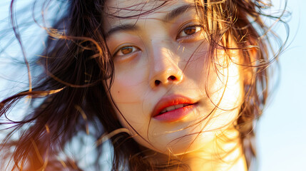 Wall Mural - Beautiful Asian Woman with Windblown Hair and Golden Hour Sunlight on Face Beauty Portrait