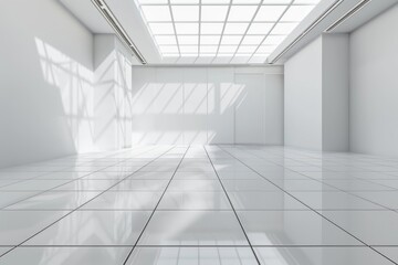 Sticker - A white empty room with a square tile floor and white walls with a skylight above, a futuristic interior design.