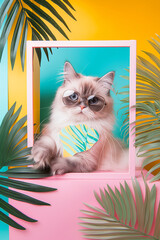 Adorable kitten with sunglasses posing inside a vibrant frame with tropical leaves and fluffy fur