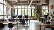 © wannathon - Modern office interior design with large windows and concrete walls.