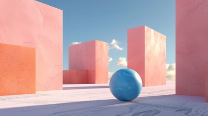 Wall Mural - Blue Sphere Rolling in Pink Architectural Landscape