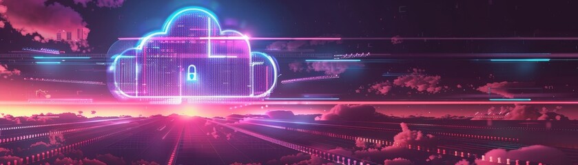 Wall Mural - Digital futuristic landscape with neon cloud computing technology, bright glowing lights and vibrant colors illustrating data storage concept.