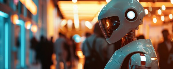 Futuristic robot with advanced technology, standing in a vibrant and busy indoor environment with blurred background of people and lights.