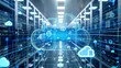 © Sodapeaw - Modern data center with holographic cloud computing technology and blue neon lights. Concept of data storage and network infrastructure.
