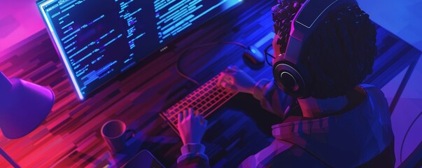 Wall Mural - overhead view of coder working at a computer desk with multiple screens displaying code, illuminated