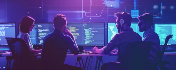 Wall Mural - team of software developers programming together in a dimly lit office with multi-monitor setups, wo
