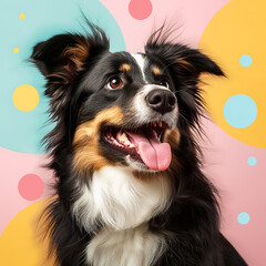 Wall Mural - Happy portrait of a cute dog with colorful background, showing tongue and ears, smiling joyfully