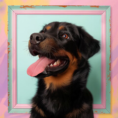 Wall Mural - Happy black puppy portrait with tongue out in a pink frame and teal background