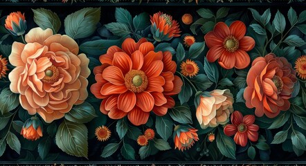 Wall Mural - Floral Design with Orange Flowers, Green Leaves